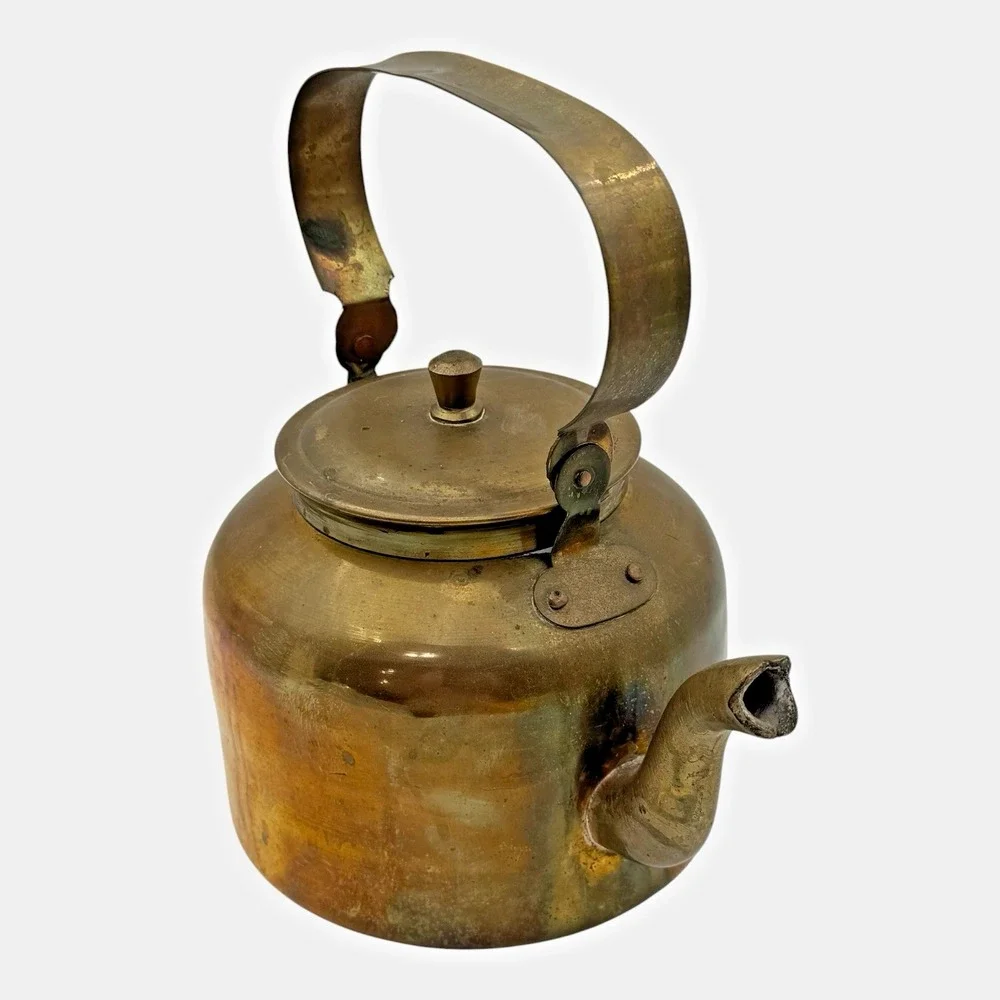 Brass Tea Kettle Primitive Farmhouse Cottage Cabin Rustic Kitchen Decor Vintage